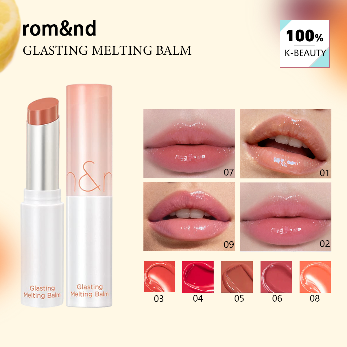 Lip Tint Korean - rom&nd GLASTING MELTING BALM(01-09),Non-Sticky Glossy Finish,Lip