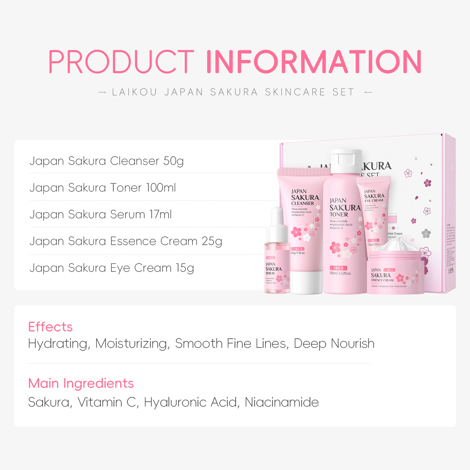 LAIKOU Sakura 5pcs Skin Care K - đánh giá và giá Essence Serum Toner